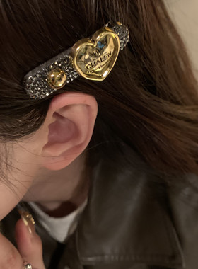 店主推荐！黑色镶钻发夹边夹侧边金色爱心夹子头饰2024新款发夹