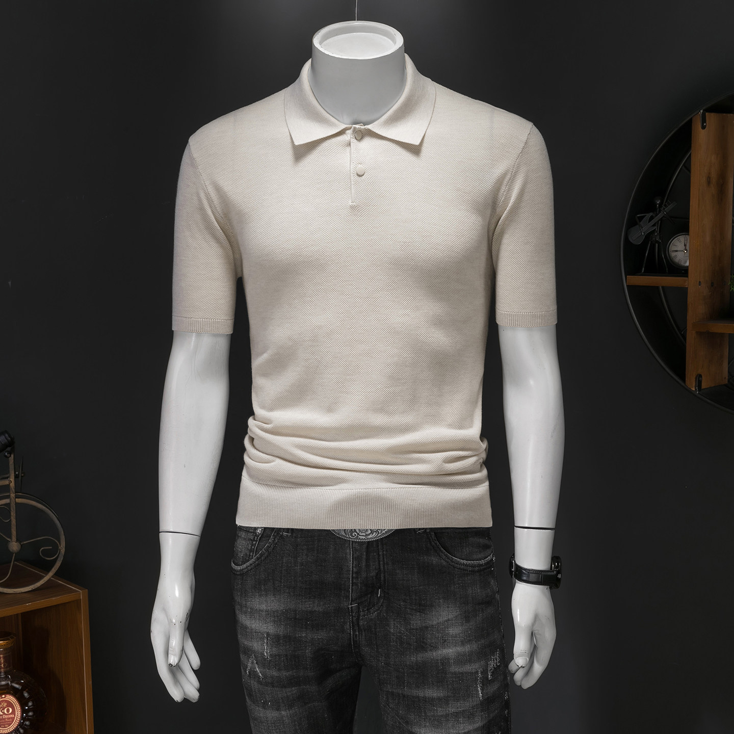 钱塘大厦夏新款薄莱赛尔％毛衣短袖男针织提花26125/p88，男装Polo衫，钱塘7038(原5007）