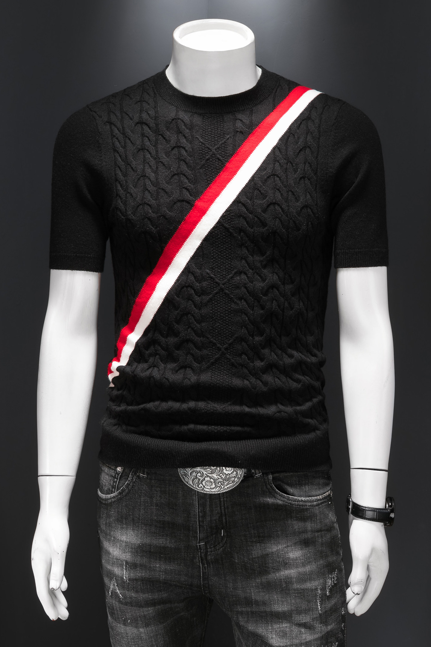 26新品秋冬男士羊毛衫圆领半袖提花厚毛衣针织衫打底衫26279p125,男装针织衫/毛衣,钱塘7038(原5007）