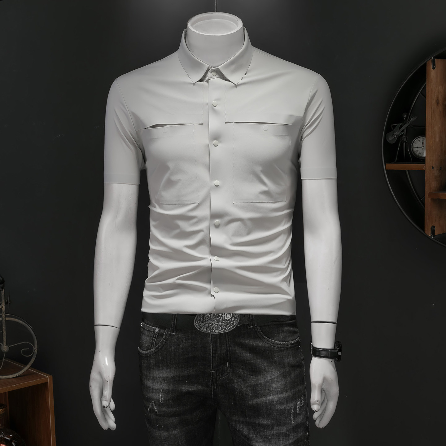 26夏季冰丝衬衫多色新款纯色商务无痕修身衬衫短袖2616-P68，男装Polo衫，钱塘7038(原5007）