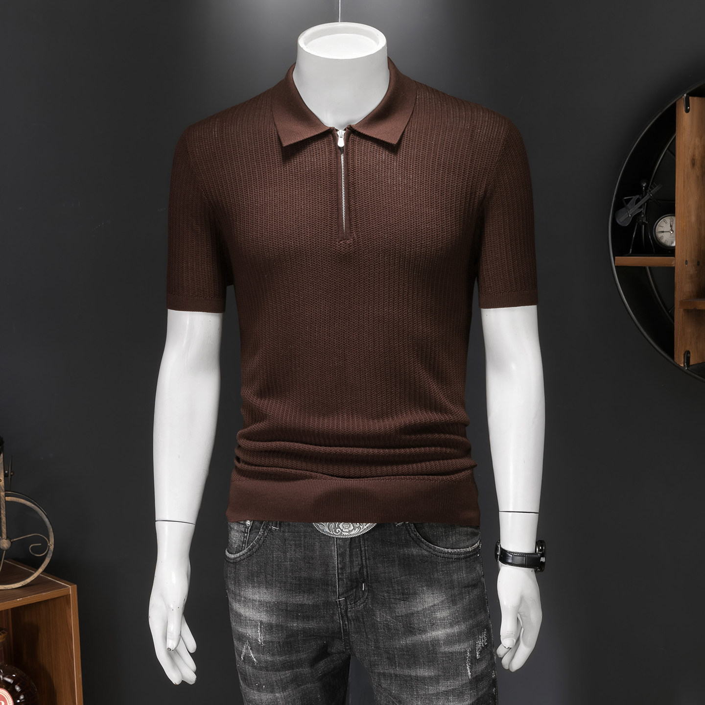 钱塘大厦夏新款薄莱赛尔％毛衣短袖男针织提花26160/p105，男装Polo衫，钱塘7038(原5007）