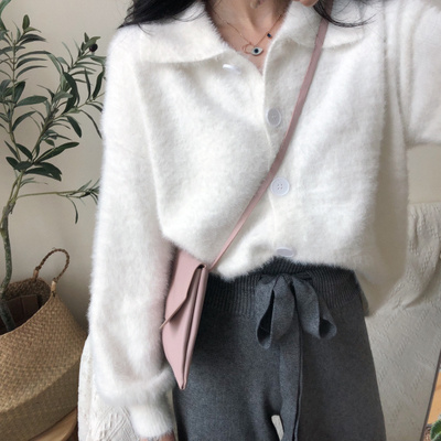 东大门小翻领水貂绒复古针织开衫