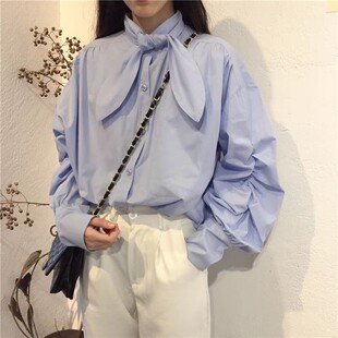 小众设计款宽松法式立领蝴蝶结长袖衬衫女秋季褶皱泡泡袖百搭衬衫