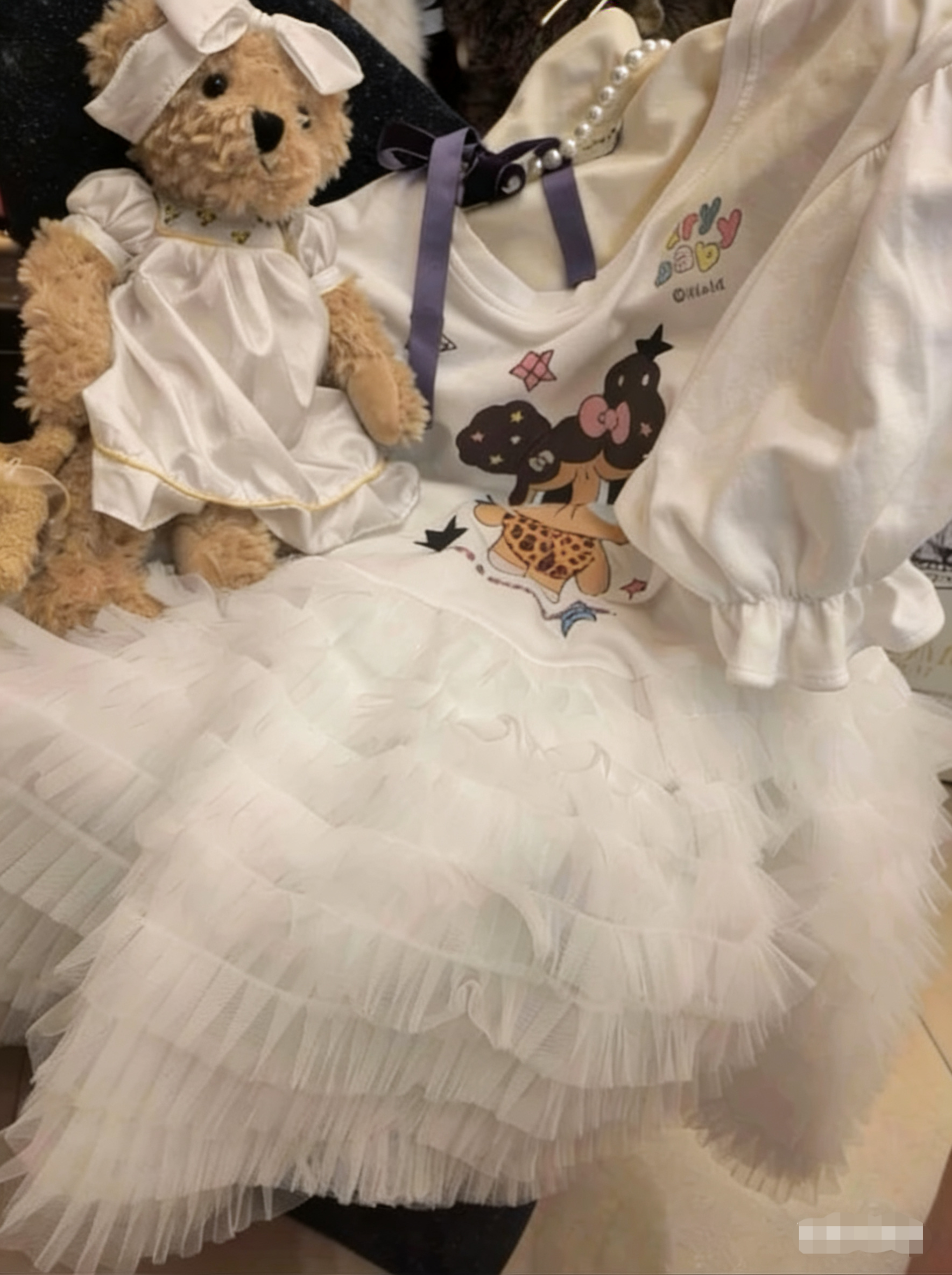 软萌少女感层叠白纱蛋糕裙公主风蕾丝拼接短袖女上衣裙