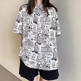 漫画短袖衬衫女宽松港风花衬衣夏季薄款垂感潮流休闲半袖上衣外套