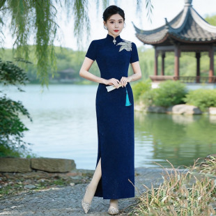 修身 大码 蓝色 改良礼服模特走秀演出服加长款 高端走秀旗袍2026新款