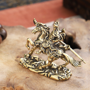 黄铜骑马关公小摆件仿古铜艺微雕小件铜关羽佛像铜手把件古玩铜器