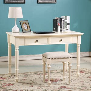 美式全实木书桌象牙白色欧式电脑桌现代写字桌办公桌梳妆台化妆桌