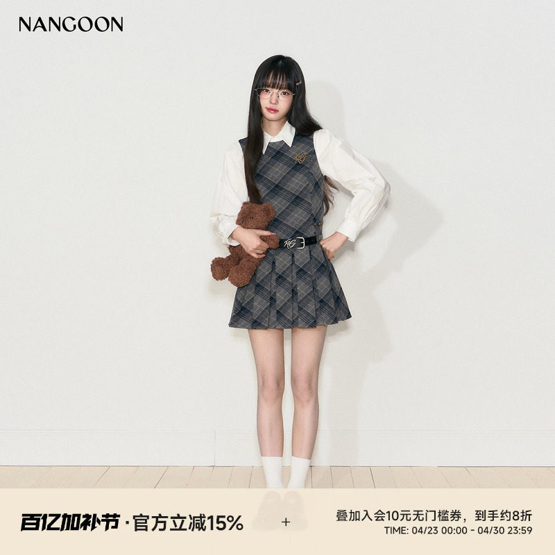 NANGOON 原创设计学院风毛呢格子无袖百褶修身显瘦连衣裙春季裙子