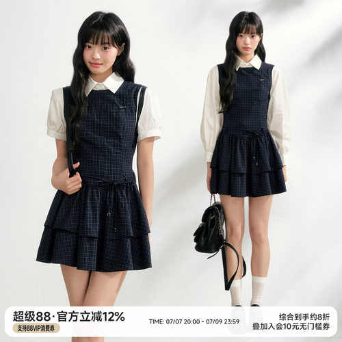 格纹收腰连衣裙衬衫套装
