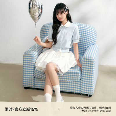 娃娃领撞色假两件上衣