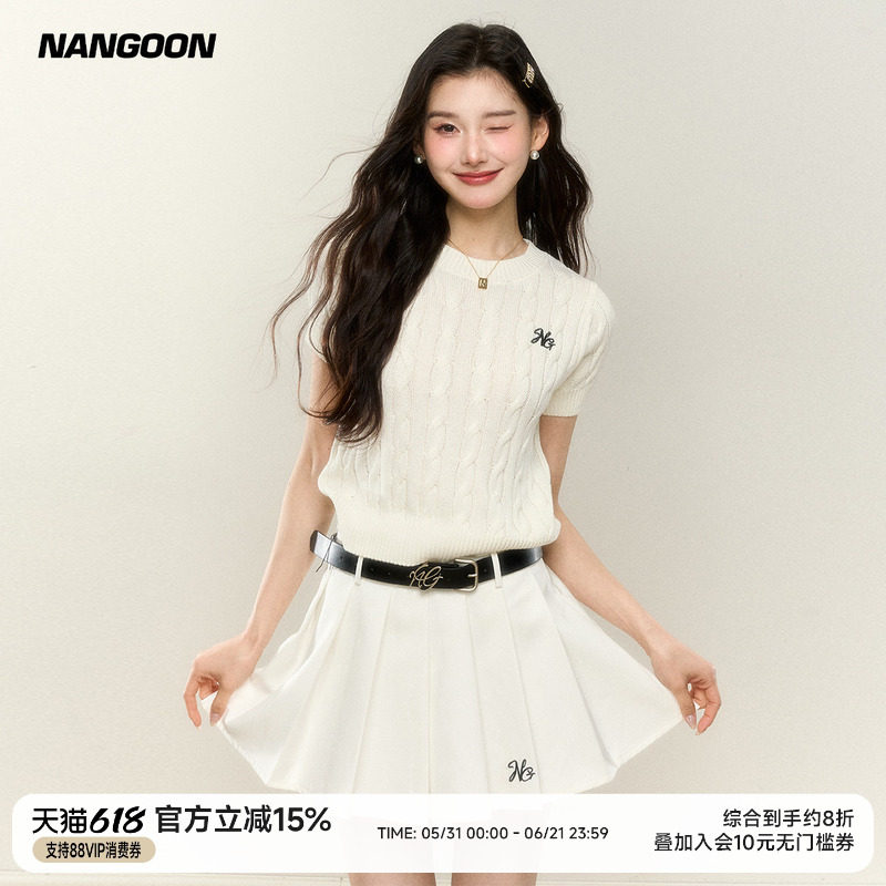 NANGOON 学院风毛衣百褶裙套装毛针织衫T恤短袖上衣女百褶裙辣妹