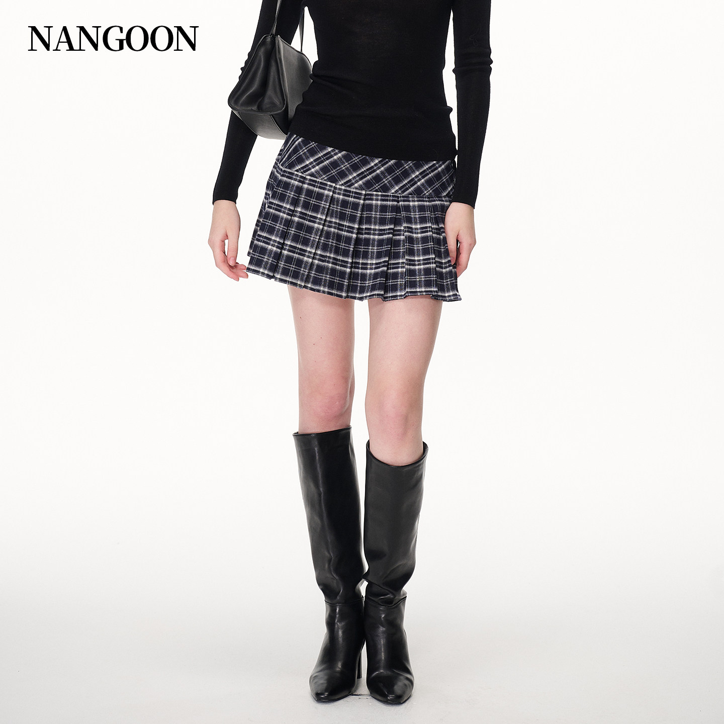 NANGOON格子工字褶半裙图片
