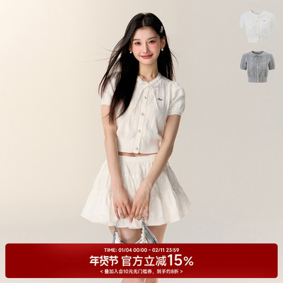 NANGOON 原创设计蝴蝶结系带收腰针织T恤短袖上衣女初秋新款小众