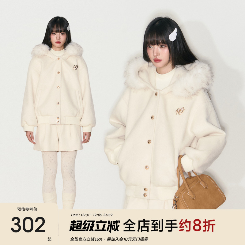 毛呢连帽毛领宽松休闲外套