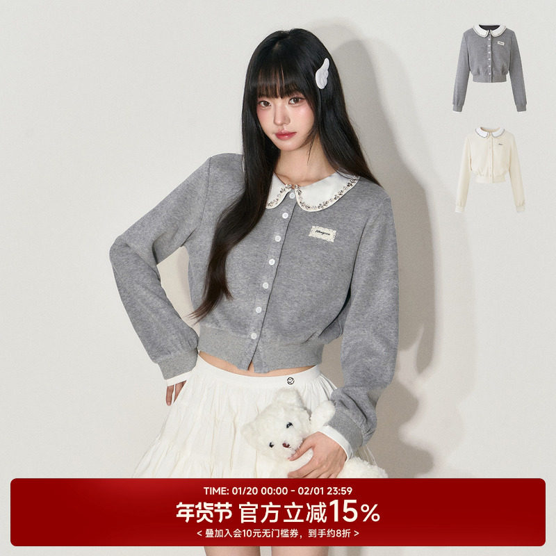 NANGOON 清冷气质娃娃领水钻针织拼接收腰打短款上衣加绒外套女,女装/女士精品,毛针织衫,淘宝优惠券,粉丝福利购,淘宝优惠卷