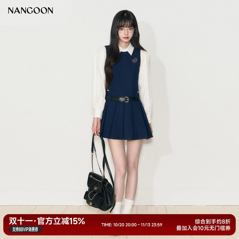 NANGOON 长袖衬衫上衣无袖百褶连衣裙套装气质学院风裙子百搭上衣