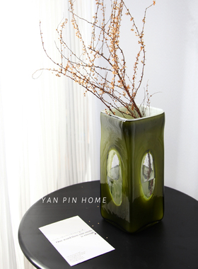 法式中古玻璃花瓶高级感客厅装饰摆件方形绿色水培插鲜花复古花器