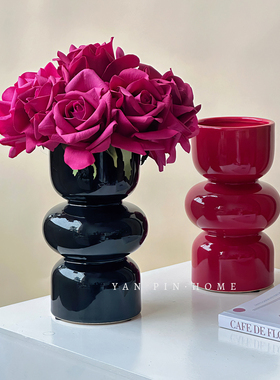 黑色复古陶瓷花瓶简约高级感创意客厅插花餐桌水养鲜花中古小花器