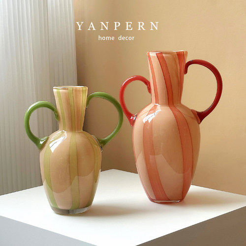 中古复古条纹双耳琉璃花瓶