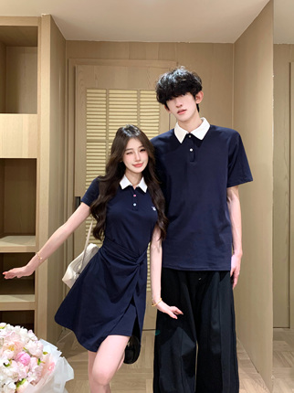 Couple's Clothing Summer New Korean Style Preppy Color-Blocking Polo Collar Twist Waist Design Short-Sleeve Dress for Women