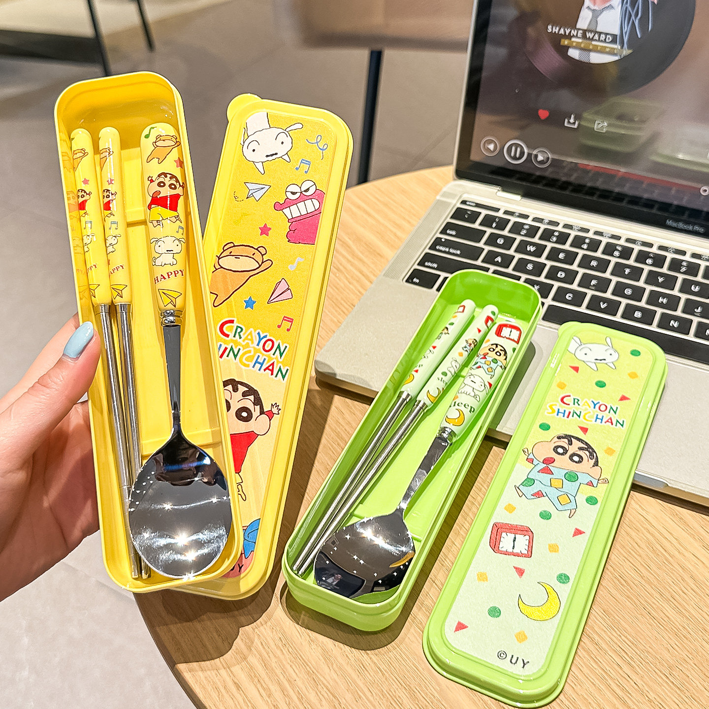 蜡笔小新儿童便携餐具套装一人用可爱宿舍家用筷子勺子便携收纳盒