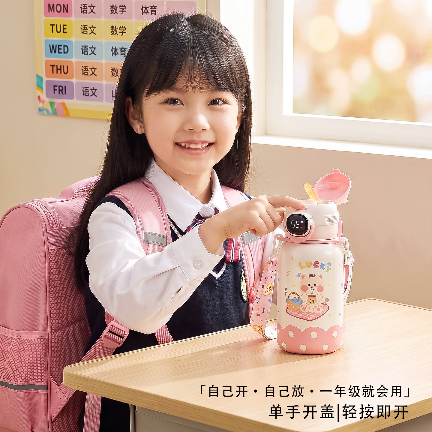 儿童保温杯幼儿园女孩上学专用水杯智能显温学生吸管杯316不锈钢
