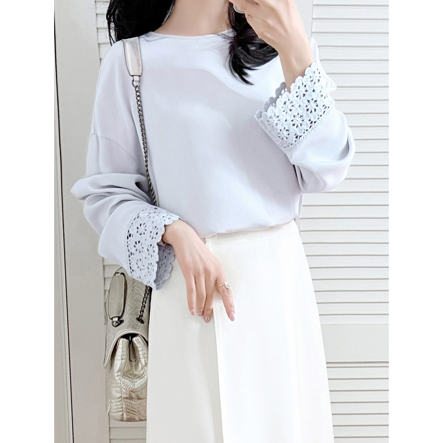 YouYoung悠扬|40姆米撒金桑蚕丝 手工编织蕾丝袖口 复古上衣衬衫