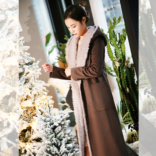 女水波纹纯羊绒大衣 带帽长款 羊羔毛 有厚度 100羊绒宽松