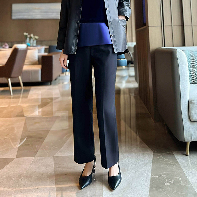西裤女直筒裤 日半精纺羊毛垂坠挺 秋冬加厚高腰 藏黑色长裤