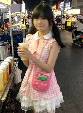 粉色格子连衣裙裙子女夏季格子裙