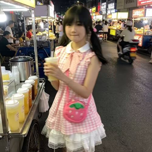 粉色格子连衣裙裙子女夏季格子裙