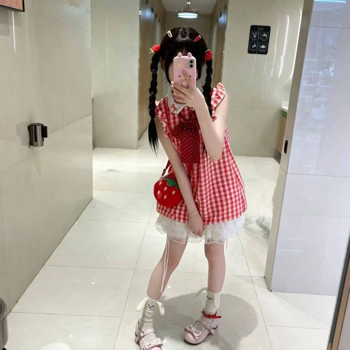 新款清新小飞袖闺蜜双子款粉色格子甜美连衣裙裙子女夏季格子裙
