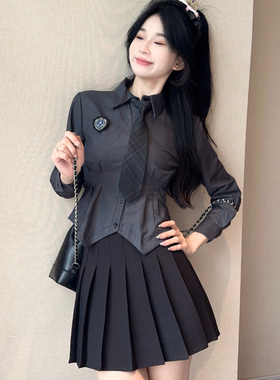 衬衫女收腰长袖短袖jk制服套装秋冬学院风修身显瘦内搭灰色衬衣女