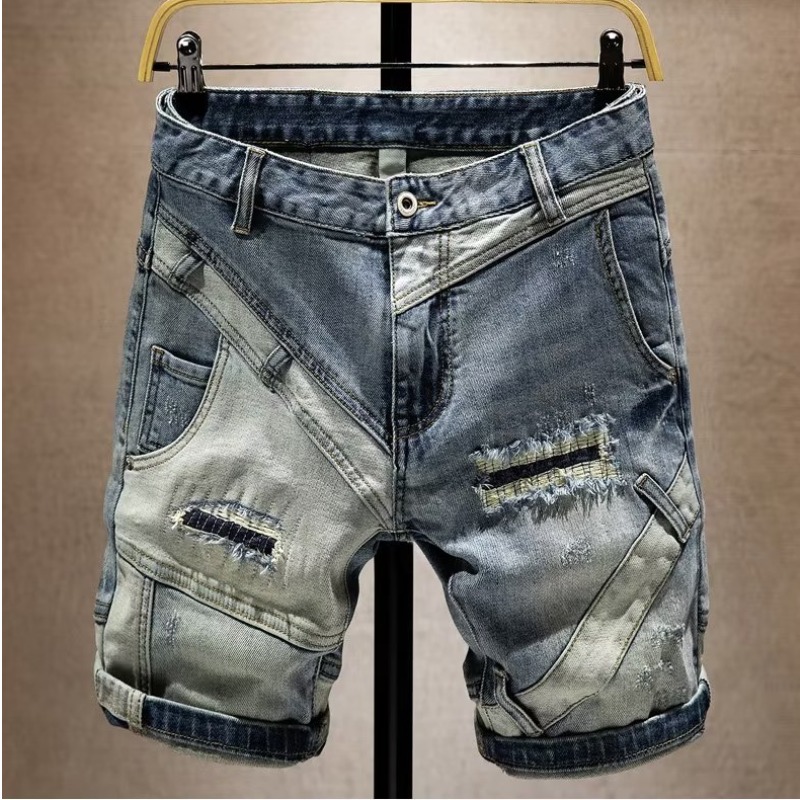 拼接牛仔短裤破洞补丁修身五分裤