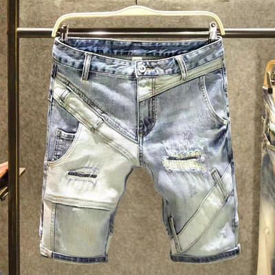拼接牛仔短裤破洞补丁修身五分裤
