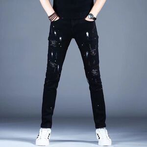 欧洲站破洞刺绣牛仔裤男春秋新款潮牌泼墨修身小脚弹力休闲长裤子