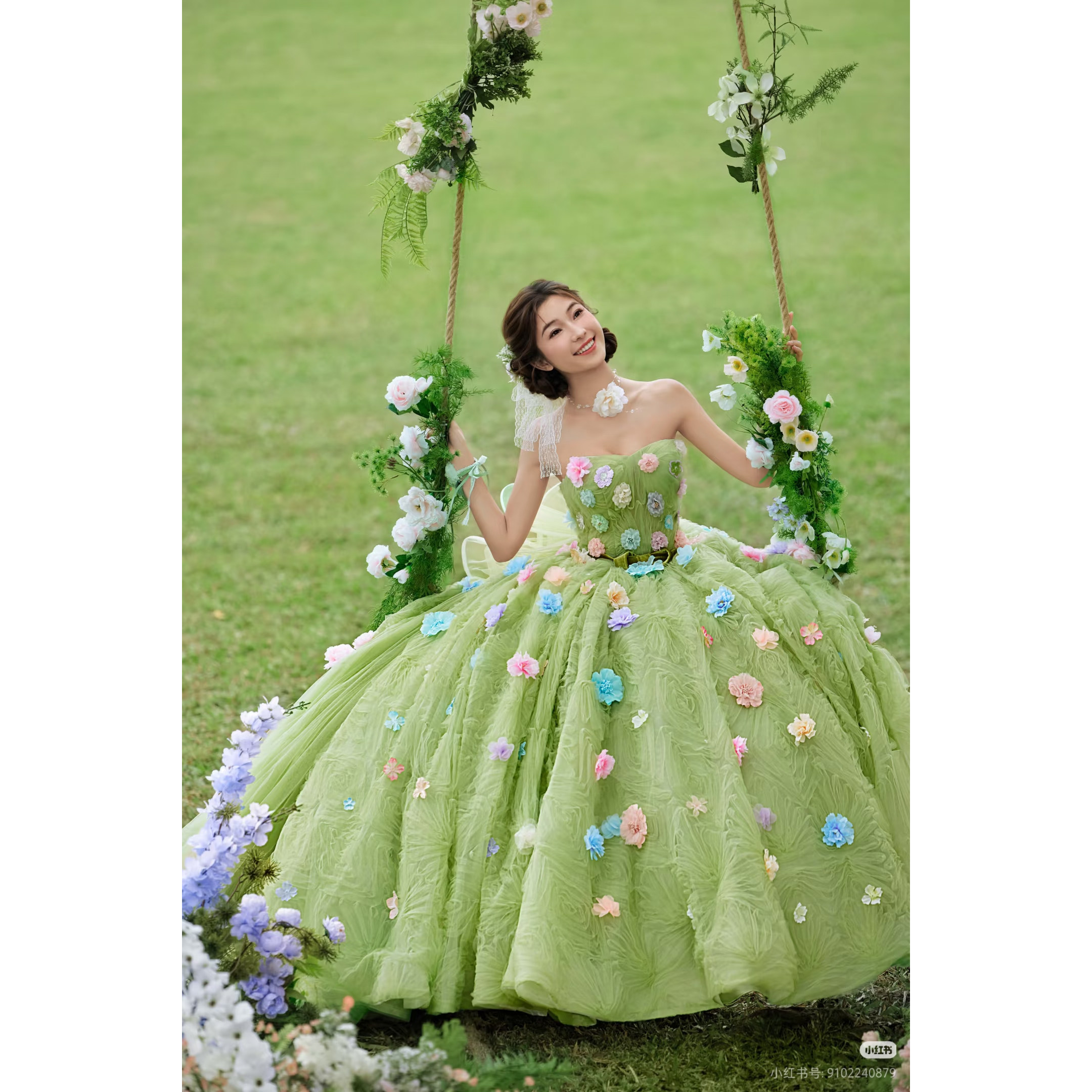 影楼拍照甜美抹胸绿色花神虎丘婚纱女花仙子大摆长裙森系旅拍服装