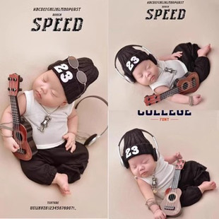 新生儿影楼男宝宝婴儿满月拍照道具儿童摄影毛线帽子越野风
