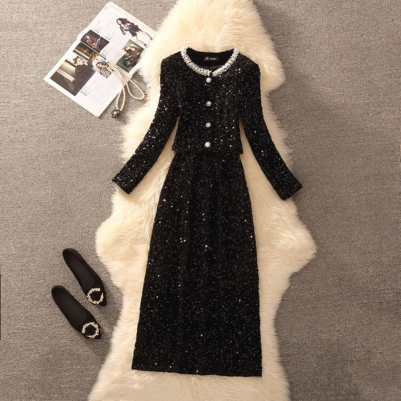 2026春秋冬时尚小香风黑色亮片显瘦气质珍珠扣千金风轻奢两件套,女装/女士精品,时尚套装,淘宝优惠券,粉丝福利购,淘宝优惠卷