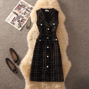 收腰显瘦马甲无袖 2026新款 打底背心裙 冬季 小香风复古金线格纹时尚