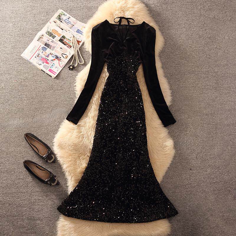 宴会蓝色冬季灯笼袖丝绒新款高端