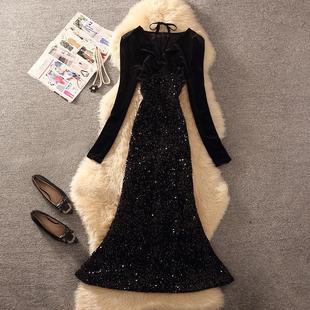 气质晚会派对礼服女性感时尚高端轻奢亮片拼接V领喇叭袖鱼尾裙
