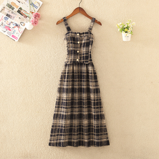 无袖 潮格子吊带连衣裙女春秋季 收腰显瘦中长款 韩版 背心a字裙 新款