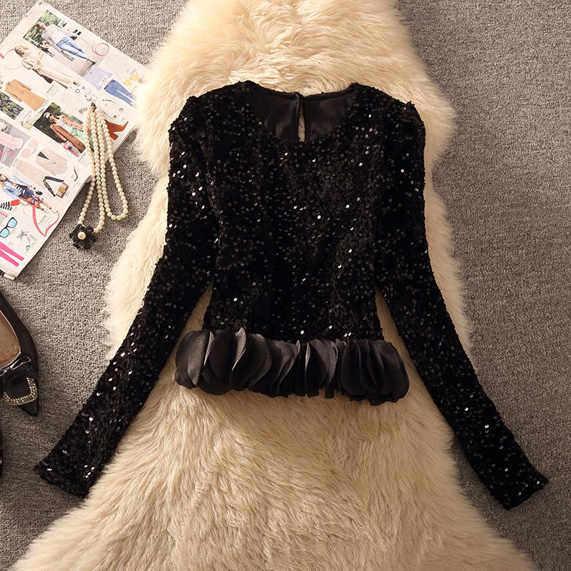 2025秋冬新款爆款女装袖口飞飞边亮片装饰短款气质网红打底衫T恤