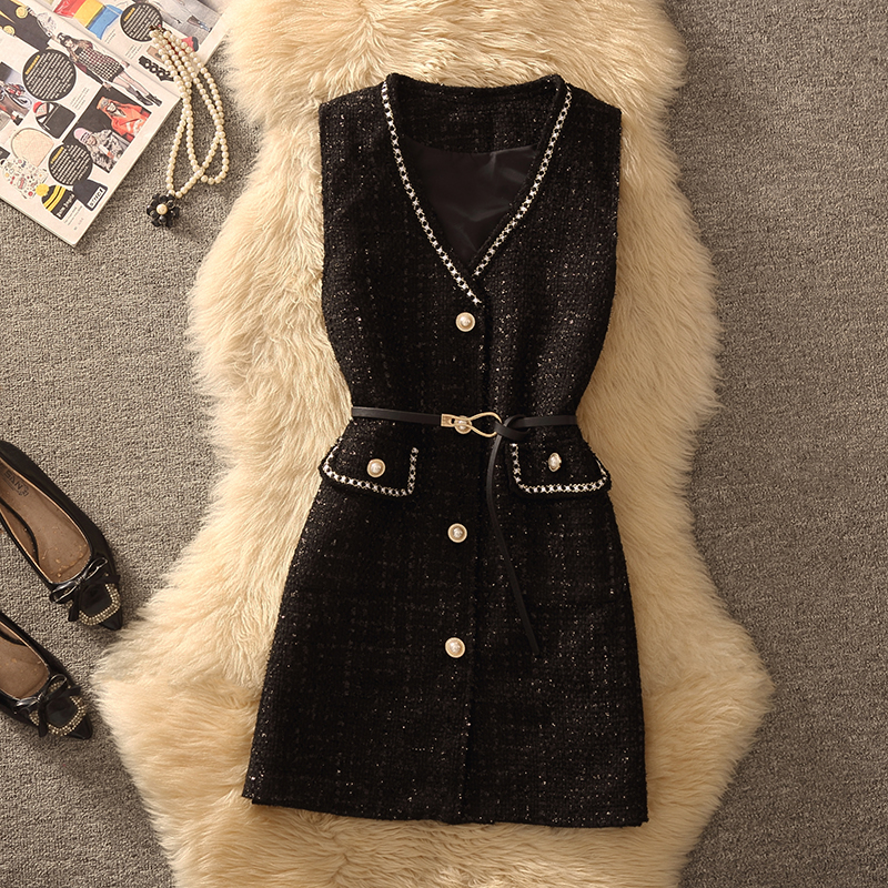 小香风马甲连衣裙女2026春秋新款名媛气质收腰显瘦中长款毛呢外套