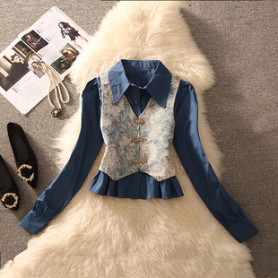 2026秋冬新款新中式国风盘扣扎染马甲内搭衬衣胖MM大码两件套装