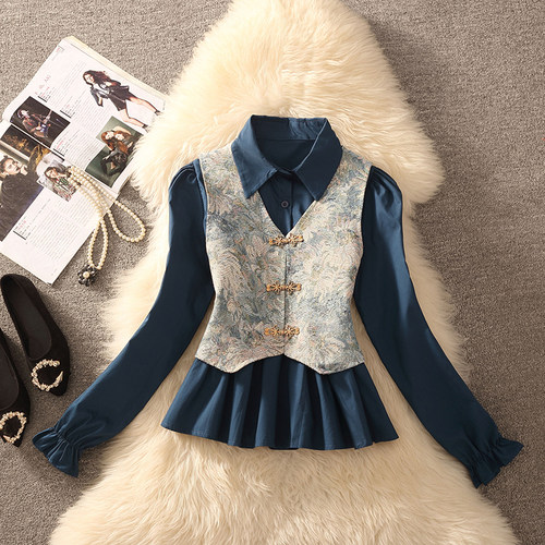 2026春秋新款复古时尚百搭新中式国风盘扣马甲内搭衬衫两件套装