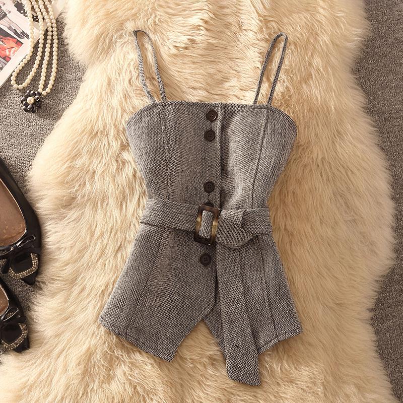 春秋装不规则无袖毛呢韩版显瘦小裙摆外搭纯色背心马甲女潮背带衫