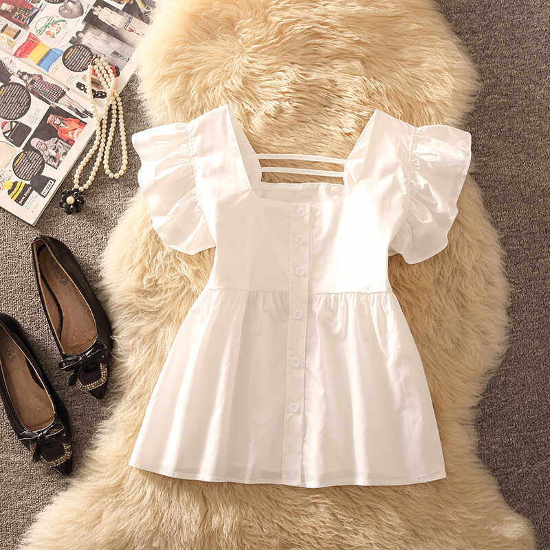 清仓捡漏方领荷叶袖飞飞袖衬衫女夏季设计感洋气小衫宽松娃娃衫